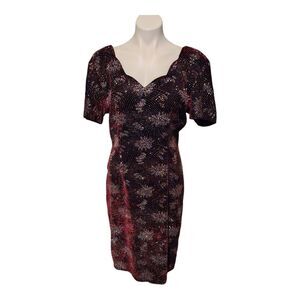 Mayvens Vintage 80's Maroon Velvet Silver Sparkle Size 10 Scallop V Neck Dress
